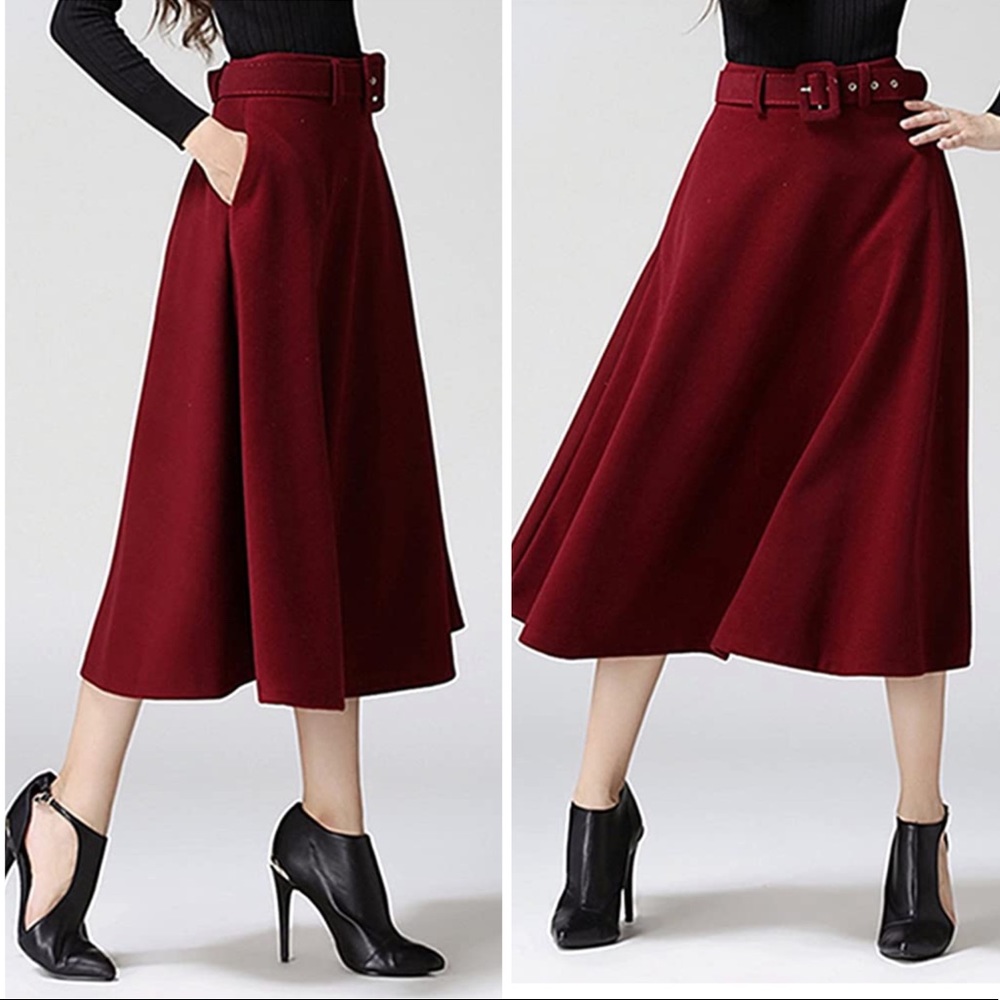 ✨ NWT Boutique Red A Line Midi Skirt Wool